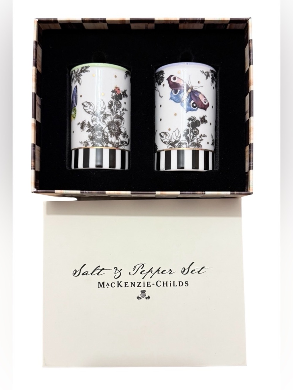 NIB MacKenzie-Childs
Butterfly Toile Salt Pepper Set